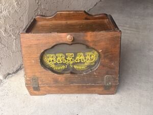 Vintage Stained Glass Oak Wooden Brass Hinges Bread Box
